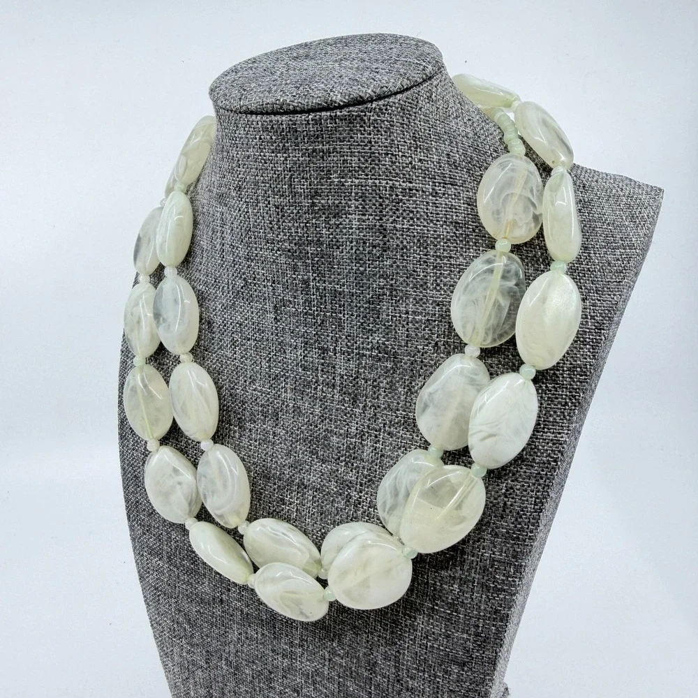 Pale Green Translucent Marbled Bead Double Strand Necklace Statement Jewelry